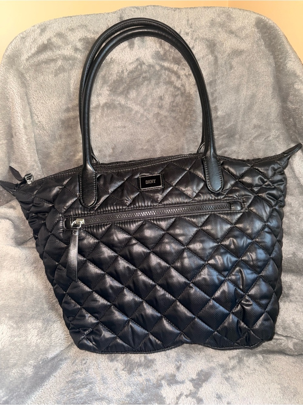 DKNY Black Quilted Tote with Front Zip Pocket